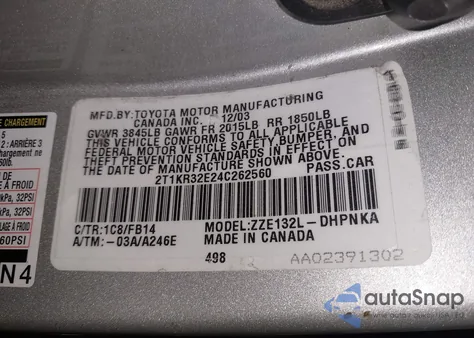 2004 Toyota Matrix Xr z USA, uszkodzony, nr VIN 2T1KR32E24C262560